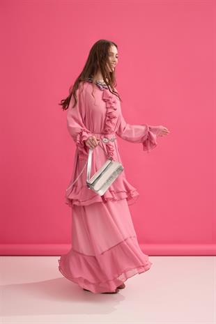 Romance Volanlı Şifon Elbise - Pembe