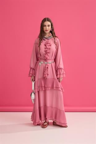Romance Volanlı Şifon Elbise - Pembe