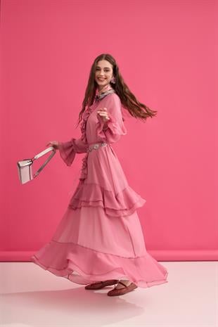 Romance Volanlı Şifon Elbise - Pembe