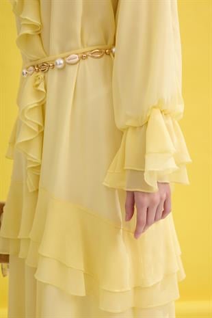 Romance Volanlı Şifon Elbise - Sarı