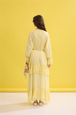 Romance Volanlı Şifon Elbise - Sarı