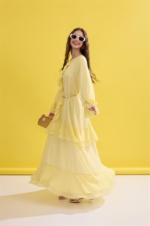 Romance Volanlı Şifon Elbise - Sarı