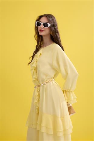 Romance Volanlı Şifon Elbise - Sarı