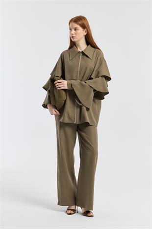 Rosalie Modal Fırfırlı Kemerli Takım - Haki