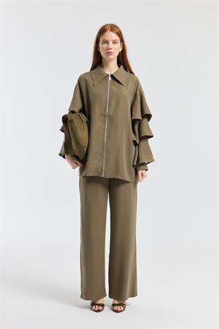 Rosalie Modal Fırfırlı Kemerli Takım - Haki