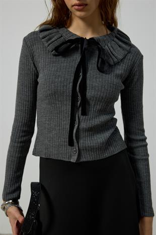 Rose Bebe Yaka Fitilli Örme Hırka - Antrasit