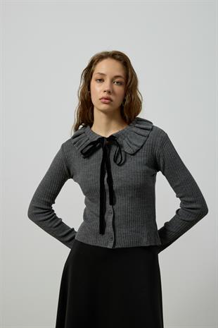 Rose Bebe Yaka Fitilli Örme Hırka - Antrasit