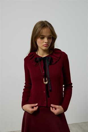 Rose Bebe Yaka Fitilli Örme Hırka - Bordo