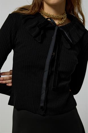 Rose Bebe Yaka Fitilli Örme Hırka - Siyah