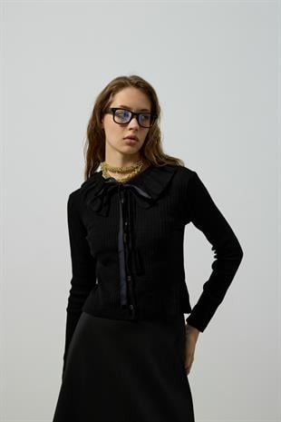 Rose Bebe Yaka Fitilli Örme Hırka - Siyah