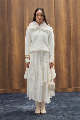 Rosewood Kürk Yaka Hırka - Ekru 