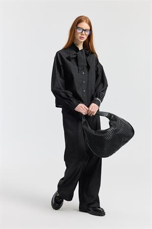 Rowan Yaka Bağlamalı Kot Takım - Siyah