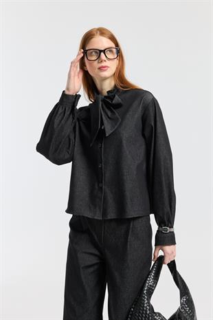 Rowan Yaka Bağlamalı Kot Takım - Siyah