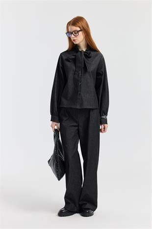 Rowan Yaka Bağlamalı Kot Takım - Siyah
