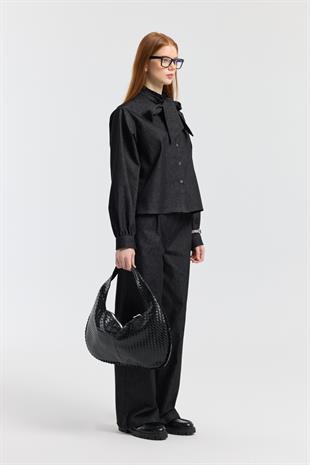 Rowan Yaka Bağlamalı Kot Takım - Siyah