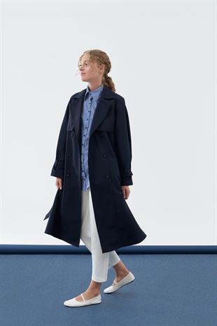 Roza Tokalı Trençkot - Lacivert