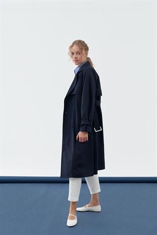 Roza Tokalı Trençkot - Lacivert