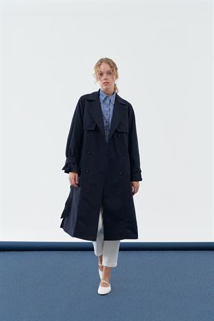 Roza Tokalı Trençkot - Lacivert