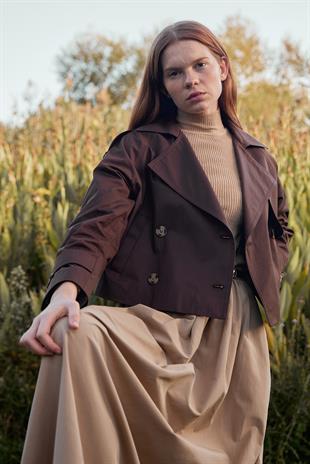 Sahra Kruvaze Kısa Trençkot- Acı kahve