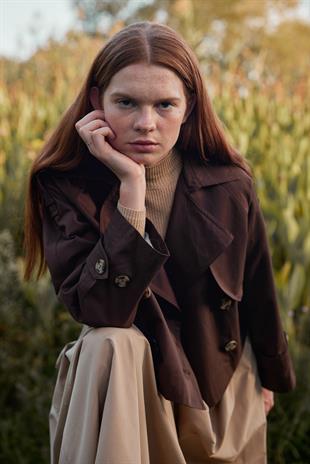 Sahra Kruvaze Kısa Trençkot- Acı kahve