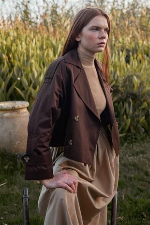 Sahra Kruvaze Kısa Trençkot- Acı kahve