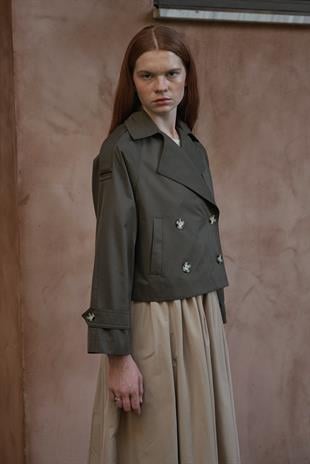 Sahra Kruvaze Kısa Trençkot- Haki 