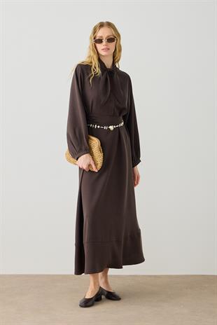 Salsa Fular Yakalı Kuşaklı Elbise - Acı kahve