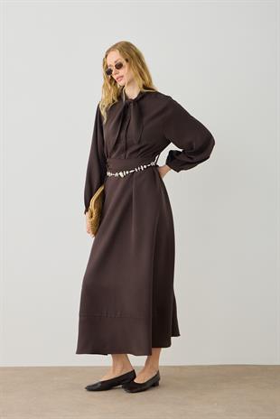 Salsa Fular Yakalı Kuşaklı Elbise - Acı kahve