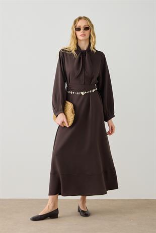 Salsa Fular Yakalı Kuşaklı Elbise - Acı kahve