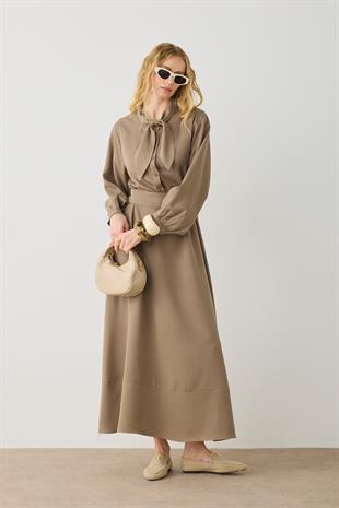 Salsa Fular Yakalı Kuşaklı Elbise - Haki 