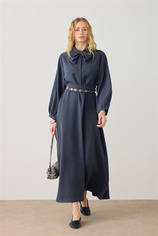 Salsa Fular Yakalı Kuşaklı Elbise - Lacivert