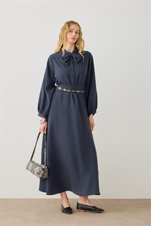 Salsa Fular Yakalı Kuşaklı Elbise - Lacivert