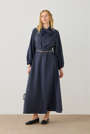 Salsa Fular Yakalı Kuşaklı Elbise - Lacivert