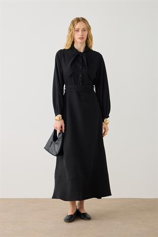Salsa Fular Yakalı Kuşaklı Elbise - Siyah 