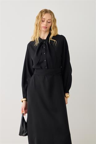 Salsa Fular Yakalı Kuşaklı Elbise - Siyah 