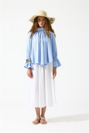 Sandra Büzgülü Poplin Bluz - Mavi 