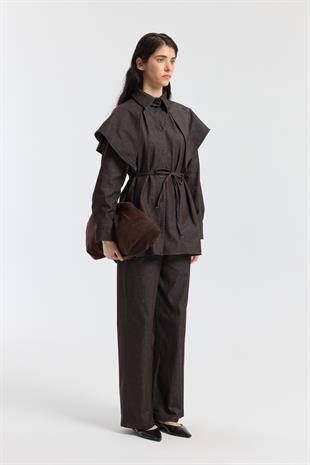 Sara Seyyar Yaka Detaylı Kot Takım - Acı kahve