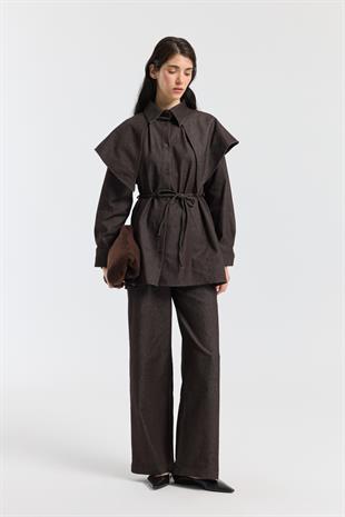 Sara Seyyar Yaka Detaylı Kot Takım - Acı kahve