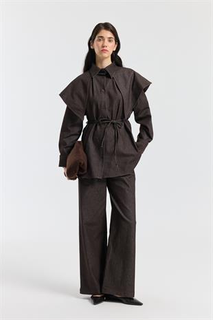 Sara Seyyar Yaka Detaylı Kot Takım - Acı kahve