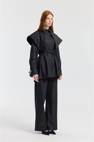 Sara Seyyar Yaka Detaylı Kot Takım - Denim mavi