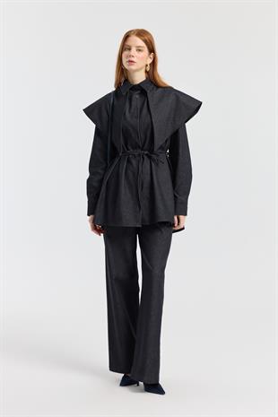 Sara Seyyar Yaka Detaylı Kot Takım - Denim mavi