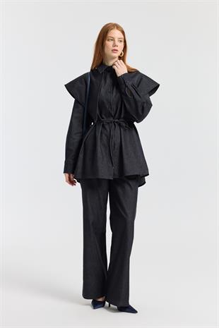 Sara Seyyar Yaka Detaylı Kot Takım - Denim mavi