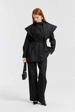 Sara Seyyar Yaka Detaylı Kot Takım - Siyah