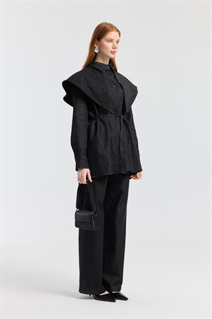 Sara Seyyar Yaka Detaylı Kot Takım - Siyah