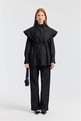 Sara Seyyar Yaka Detaylı Kot Takım - Siyah
