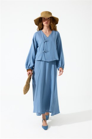 Sarah Anvelop Müslin Etek Takım - İndigo mavi