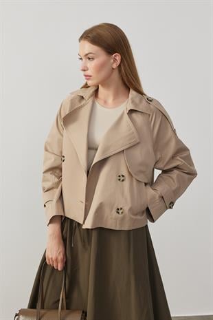 Sarah Kruvaze Kısa Trençkot- Vizon