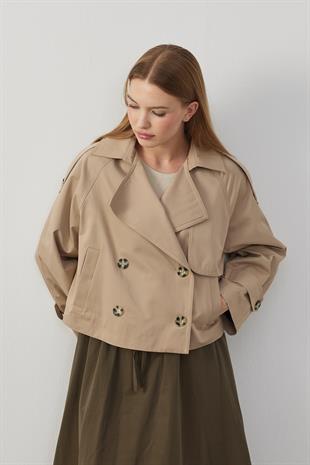 Sarah Kruvaze Kısa Trençkot- Vizon