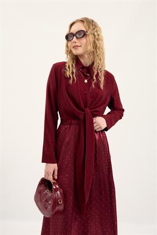 Saten Pul İşlemeli Etek - Bordo