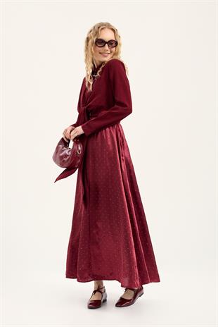 Saten Pul İşlemeli Etek - Bordo